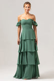 Eucalyptus A-Line Off The Shoulder Gegolfde Chiffon Lange Bruidsmeisjesjurk