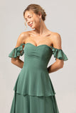 Eucalyptus A-Line Off The Shoulder Gegolfde Chiffon Lange Bruidsmeisjesjurk