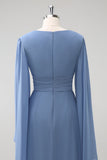 Grijs Blauw A Line Lange Mouwen Chiffon Bruidsmeisje Jurk met Split