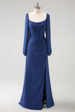 Donkerblauwe korset Chiffon lange mouwen lange koor jurk met split