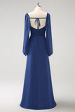 Donkerblauwe korset Chiffon lange mouwen lange koor jurk met split
