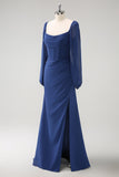 Donkerblauwe korset Chiffon lange mouwen lange koor jurk met split