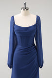 Donkerblauwe korset Chiffon lange mouwen lange koor jurk met split