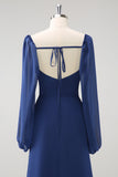 Donkerblauwe korset Chiffon lange mouwen lange koor jurk met split
