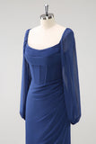 Donkerblauwe korset Chiffon lange mouwen lange koor jurk met split
