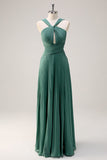 Eucalyptus A Line Halter Nek Chiffon Geplooide Lange Bruidsmeisje Jurk