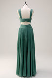 Eucalyptus A Line Halter Nek Chiffon Geplooide Lange Bruidsmeisje Jurk