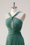 Eucalyptus A Line Halter Nek Chiffon Geplooide Lange Bruidsmeisje Jurk