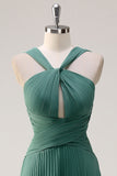 Eucalyptus A Line Halter Nek Chiffon Geplooide Lange Bruidsmeisje Jurk