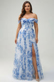 Wit Blauwe Bloem Off the Shoulder A-Line Bruidsmeisje Jurk met Split