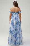 Wit Blauwe Bloem Off the Shoulder A-Line Bruidsmeisje Jurk met Split