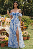 Off-the-shoulder A-lijn korset blauwe bloementule maxijurk