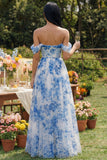 Off-the-shoulder A-lijn korset blauwe bloementule maxijurk
