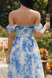 Off-the-shoulder A-lijn korset blauwe bloementule maxijurk