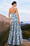 Navy Bloom A-lijn spaghettibandjes Backless Print satijn lange bruidsmeisjesjurk