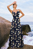 Navy Bloom A-lijn spaghettibandjes Backless Print satijn lange bruidsmeisjesjurk