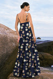 Navy Bloom A-lijn spaghettibandjes Backless Print satijn lange bruidsmeisjesjurk