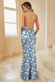 Blauw Wit Bloem Zeemeermin Halter Open Back Print Lange Bruidsmeisje Jurk