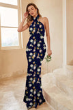 Blauw Wit Bloem Zeemeermin Halter Open Back Print Lange Bruidsmeisje Jurk