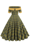 Off The Shoulder Green Grid Vintage jaren 1950 jurk