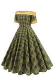 Off The Shoulder Green Grid Vintage jaren 1950 jurk