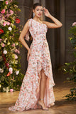 Roze Bloemen Zeemeermin One Shoulder Ruffle Lange Prom Jurk met Split