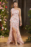 Roze Bloemen Zeemeermin One Shoulder Ruffle Lange Prom Jurk met Split