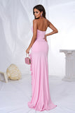 Roze zeemeermin strapless ruches lange galajurk met split