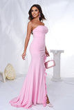 Roze zeemeermin strapless ruches lange galajurk met split