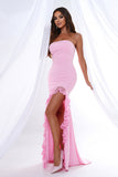 Roze zeemeermin strapless ruches lange galajurk met split