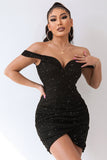 Zwarte Sprankelende Off The Shoulder Beading Bodycon Korte Cocktailjurk