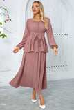 Dusty Rose A-Line gelaagde chiffon lange feestjurk met lange mouwen