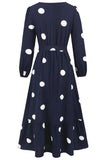 Navy Scoop Neck Polka Dots Lange Cocktailjurk met Sjerp