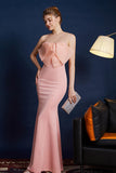 Roze zeemeermin strapless lange galajurk met strik