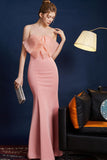 Roze zeemeermin strapless lange galajurk met strik