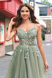 Groene A Line Corset Pailletten Tule Lange Galajurk met Lace Up Back