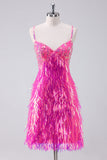 Sprankelende Hot Pink A Line Spaghetti Bandjes Fringe Pailletten Homecoming Jurk