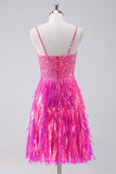 Sprankelende Hot Pink A Line Spaghetti Bandjes Fringe Pailletten Homecoming Jurk