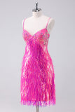 Sprankelende Hot Pink A Line Spaghetti Bandjes Fringe Pailletten Homecoming Jurk