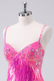 Sprankelende Hot Pink A Line Spaghetti Bandjes Fringe Pailletten Homecoming Jurk