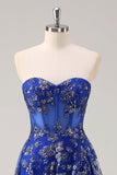 Koningsblauwe A Line Strapless Appliques Corset Lange Galajurk met Split