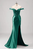 Sprankelende grijze groene zeemeermin Off The Shoulder pailletten Metallic Prom jurk met split