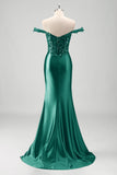 Sprankelende grijze groene zeemeermin Off The Shoulder pailletten Metallic Prom jurk met split