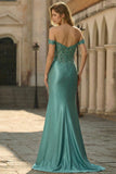 Off-the-shoulder zeemeermin grijsgroene pailletten lange galajurk met split