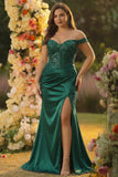 Off the Shoulder stoffen zeemeermin grijs groen galajurk met split