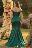 Off the Shoulder stoffen zeemeermin grijs groen galajurk met split