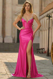 Fuchsia zeemeermin korset Spaghetti bandjes plus maat galajurk met split