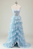 Glitter Blauw A Line Strapless Pailletten Corset Gelaagde Lange Galajurk