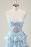 Glitter Blauw A Line Strapless Pailletten Corset Gelaagde Lange Galajurk