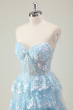 Glitter Blauw A Line Strapless Pailletten Corset Gelaagde Lange Galajurk